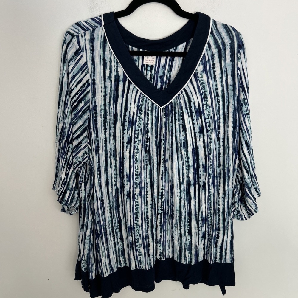 Secret Treasures Women's 3X V-Neck 3/4 Sleeve Blue White Comfy Soft Blouse